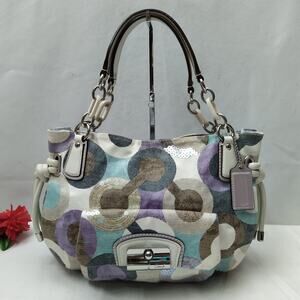 Coach Kristin Multicolor Canvas Leather Trim Sequin Double Handles Shoulder Bag